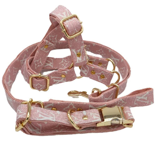 Pink LV Harness, Collar & Leash Set